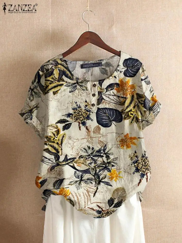 Women Cotton Shirt Causal O-neck Tunic Fashion Floral Printed Tops