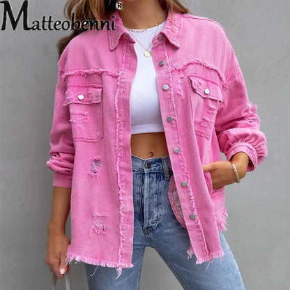 Women Pocket Denim Jacket Long Sleeves Single-breasted Cardigan Loose Women Coat